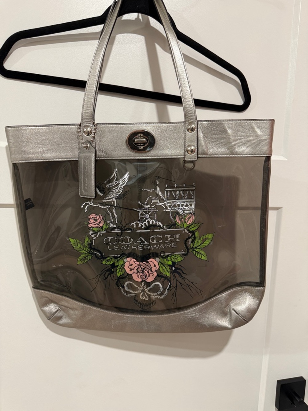 Coach Silver Clear Tote with Pink Rose Graphic
